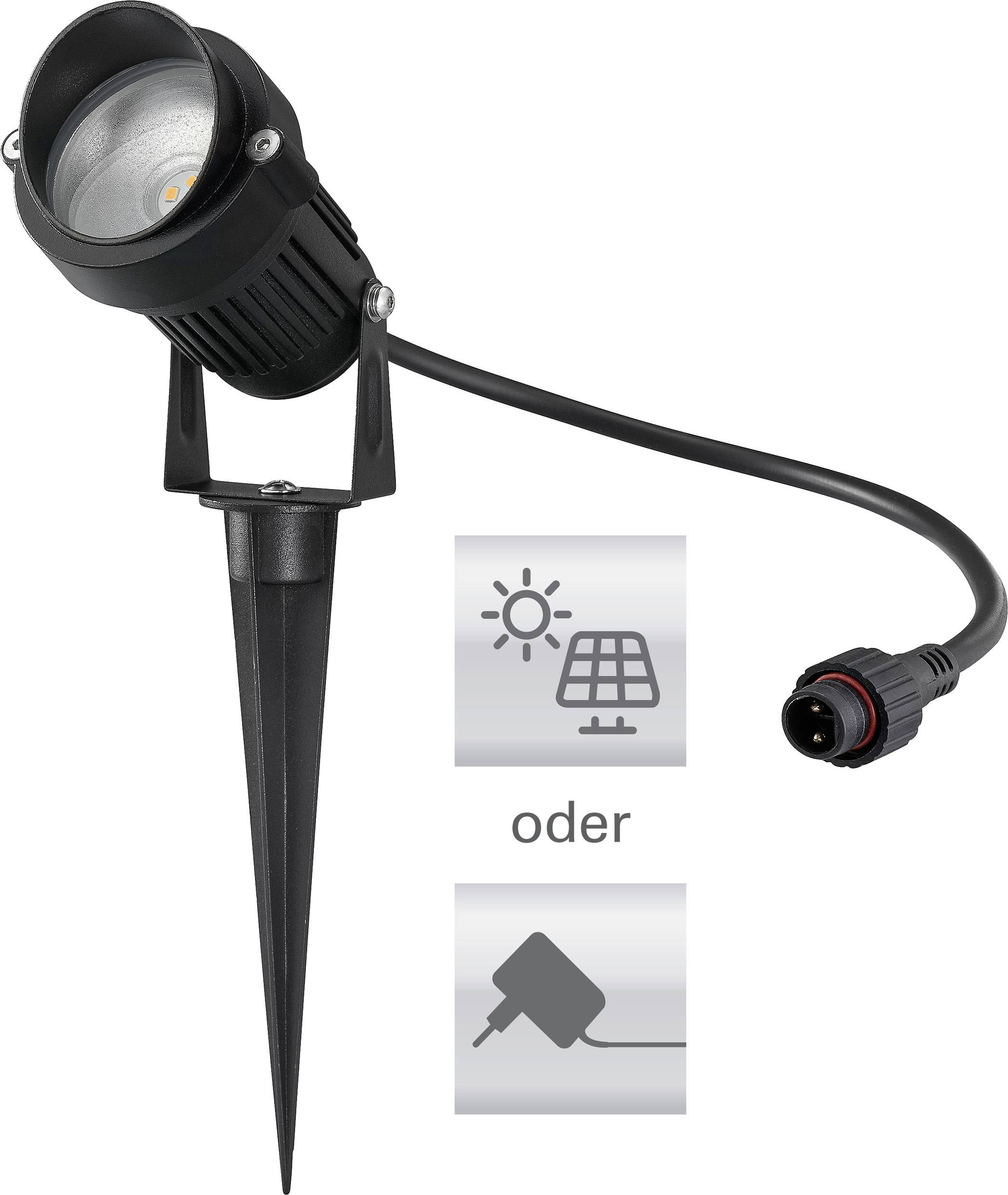 Scheinwerfer mit Erdspieß und Kabel, daneben Symbole für Solar- oder Netzstromversorgung.