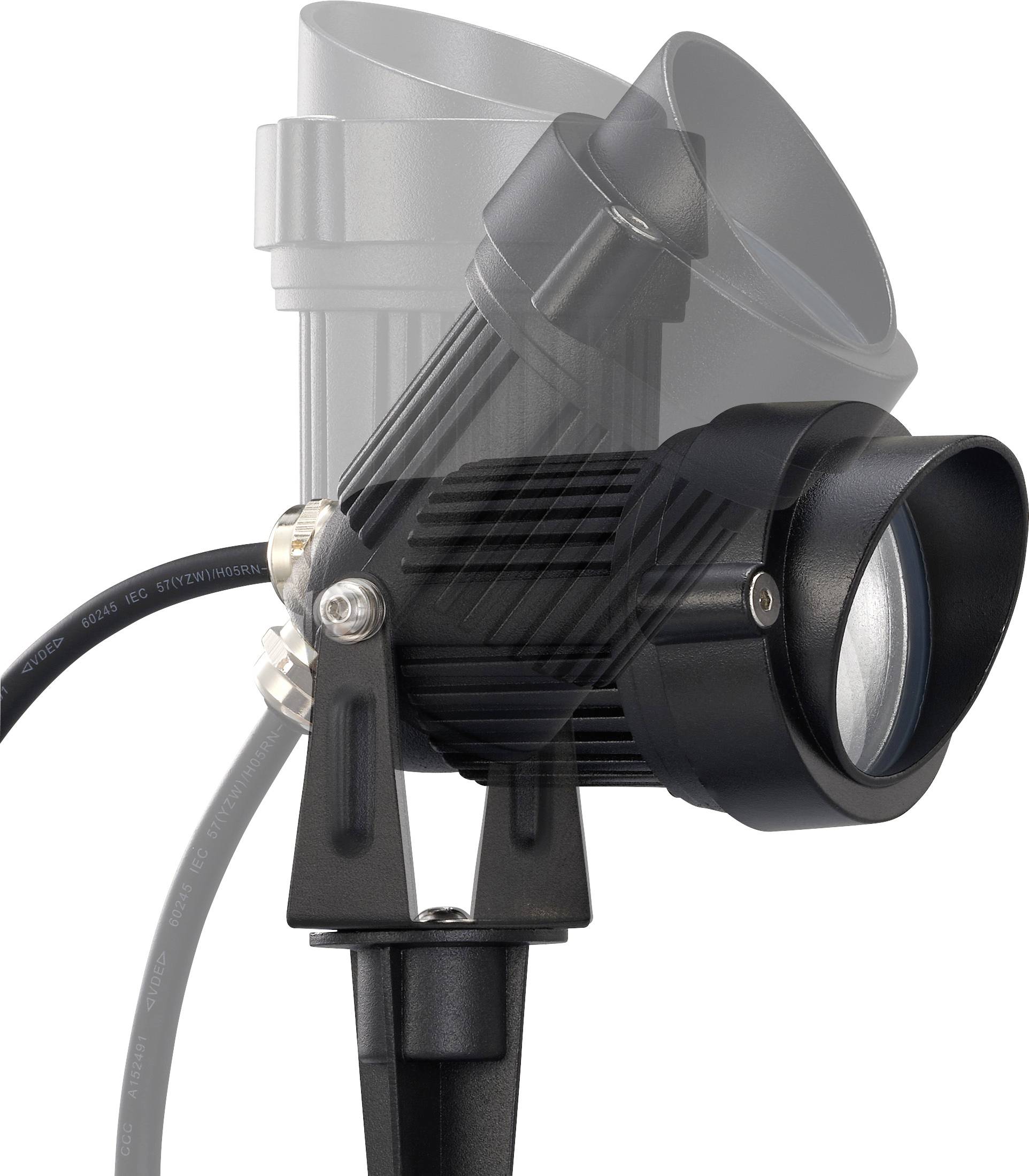 Eine schwarze, verstellbare Strahlerleuchte mit Kabel, die in verschiedenen Neigungswinkeln zur Beleuchtungsflexibilität gezeigt wird.