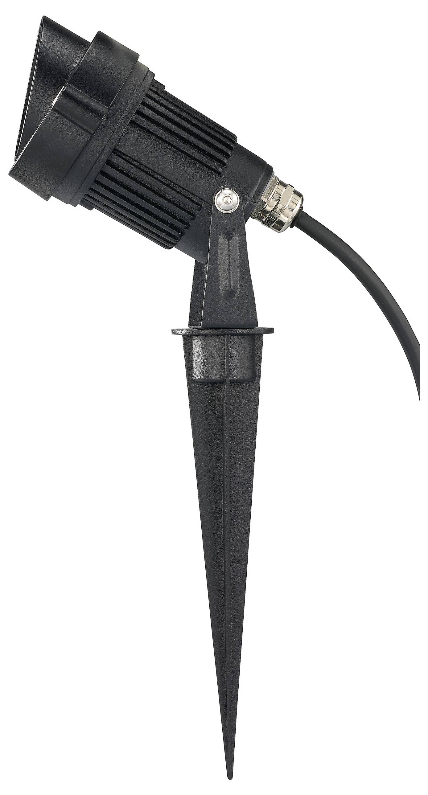 Eine schwarze Außenleuchte mit einem spitzen Erdspieß für einfaches Einsetzen in den Boden, ausgestattet mit einem verstellbaren Kopf für gerichtete Beleuchtung.
