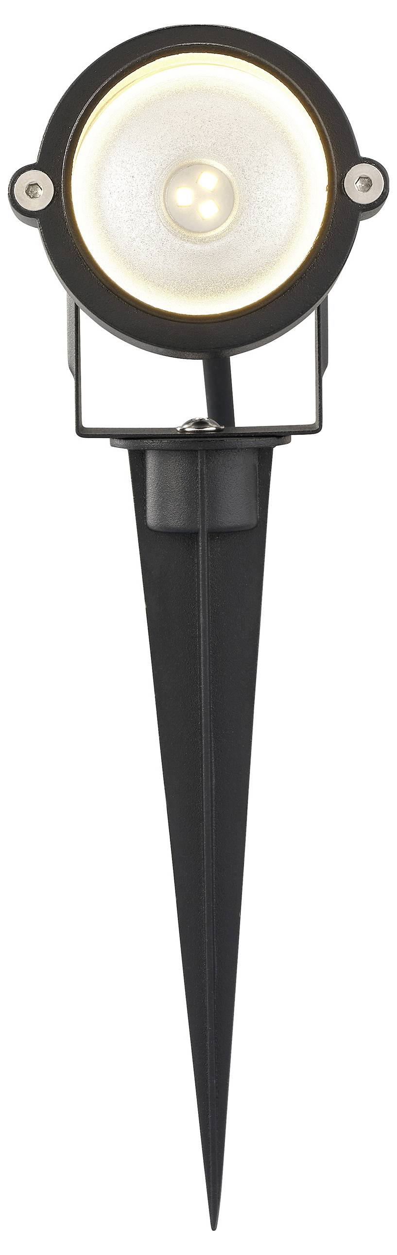 Eine schwarze Gartenleuchte für den Außenbereich mit einer runden LED-Lampe und konischer Basis, zur Bodeninstallation vorgesehen, die nach oben abstrahlt.