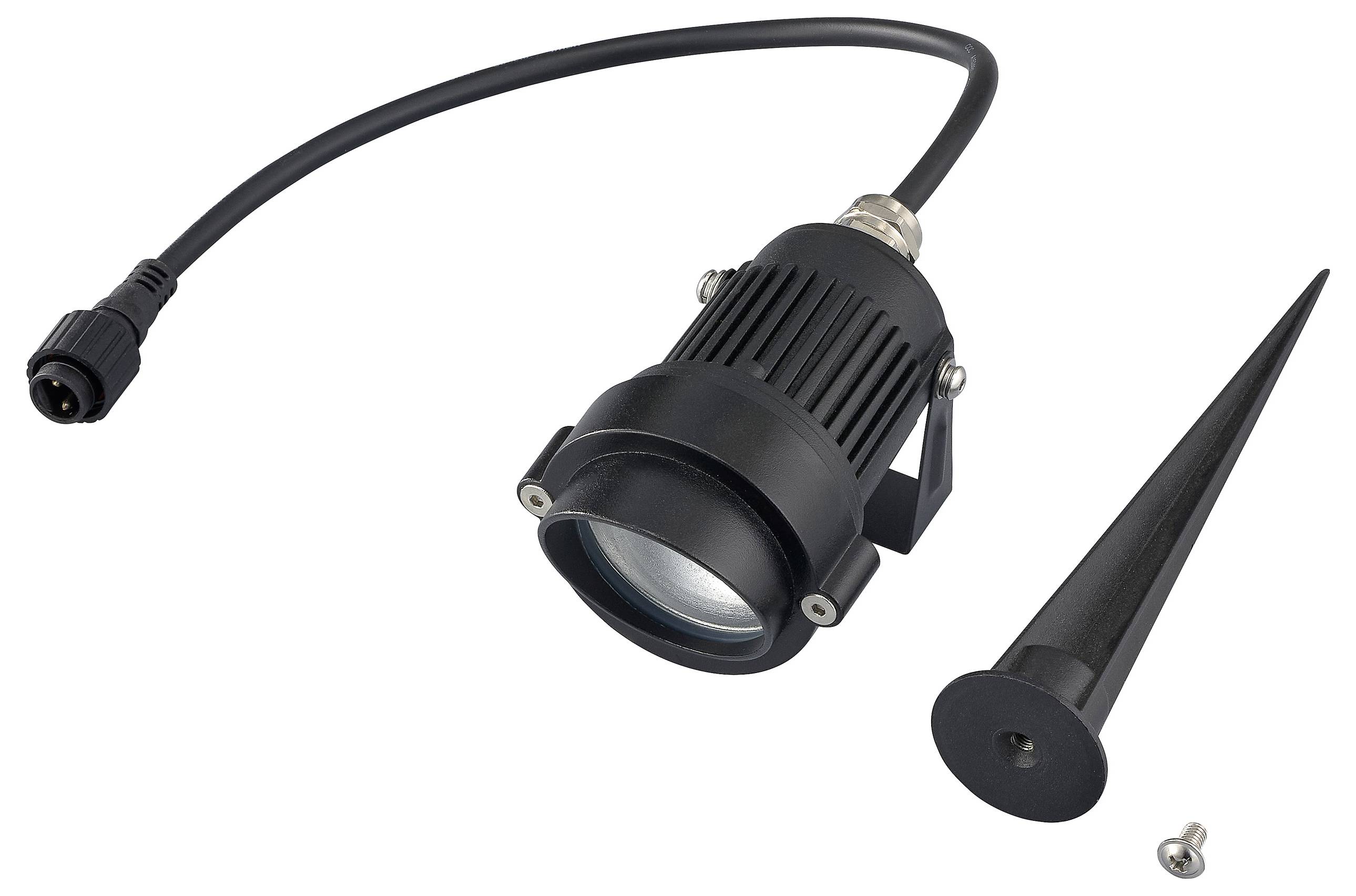 Eine schwarze Außenlandschafts-Scheinwerferleuchte mit Erdspieß und Befestigungsschraube, abgebildet im zerlegten Zustand, mit elegantem Design und langem Stromkabel.