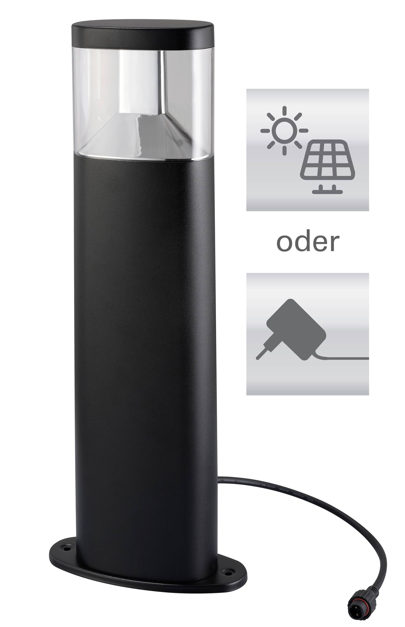 Eine schwarze, moderne Außenlampe mit Solarpanel und Netzstecker-Stromoptionen, die nebeneinander dargestellt sind, mit dem Wort 'oder' beschriftet.