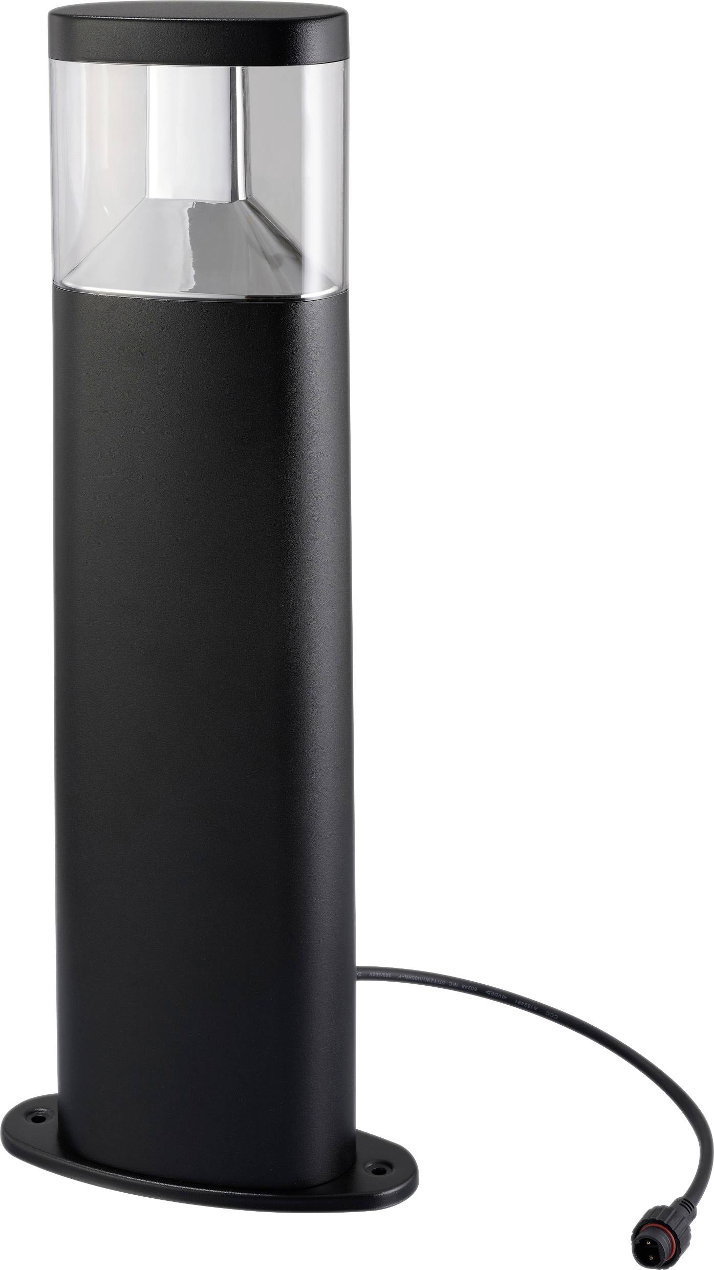 Eine schwarze Außen-Poller-Leuchte mit transparentem oberen Abschnitt und angeschlossenem Stromkabel, konzipiert für Wegebeleuchtung.