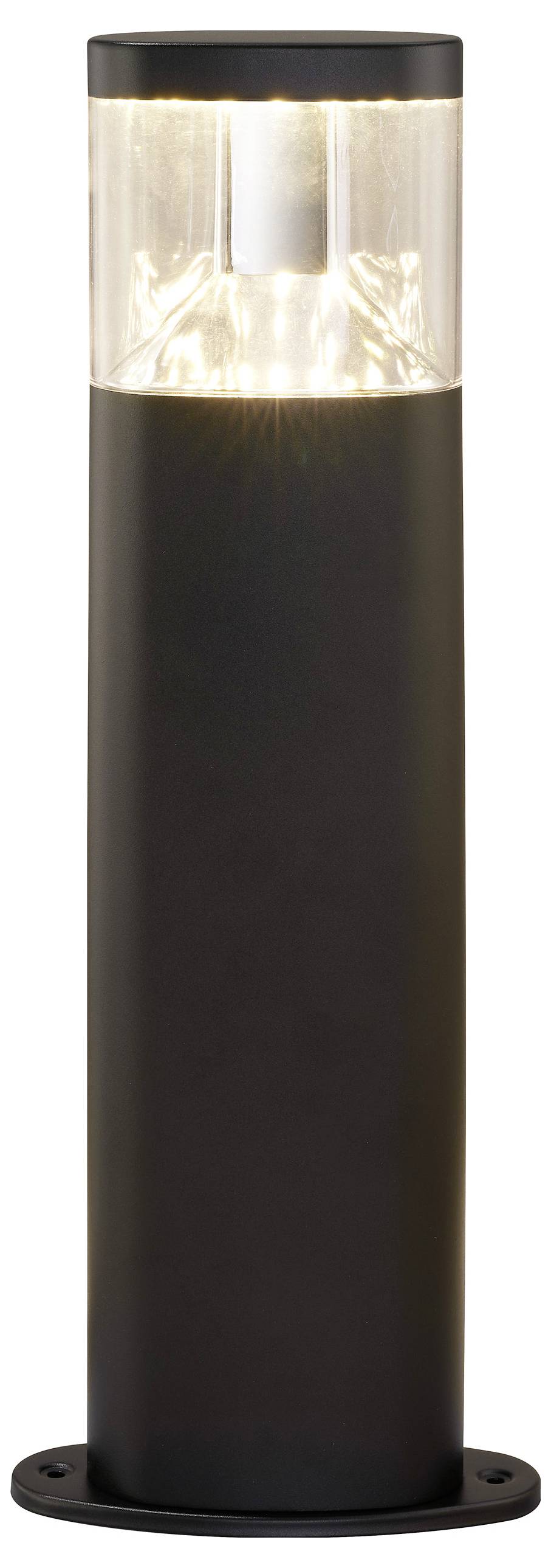 Eine schlanke, zylindrische schwarze Außen-Poller-Leuchte mit durchsichtigem oberen Bereich, die ein warmes Glühen ausstrahlt.