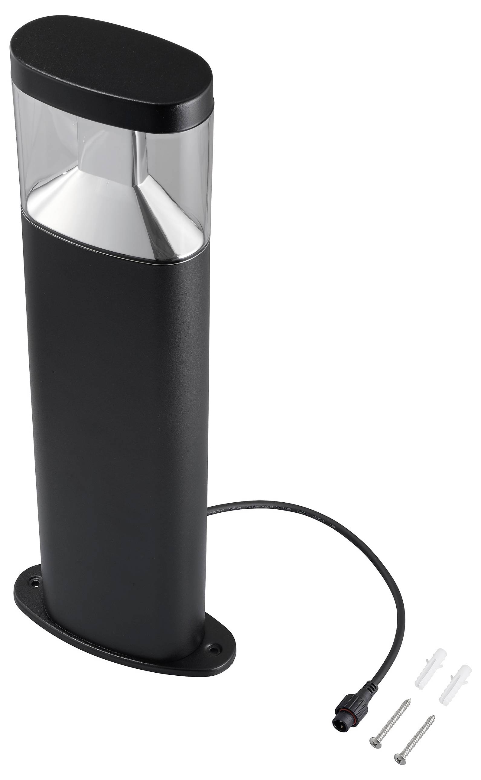 Eine schwarze Wegelampe mit transparentem Oberteil, einem Netzkabel und Befestigungsschrauben, entwickelt für Wege- oder Gartenbeleuchtung.