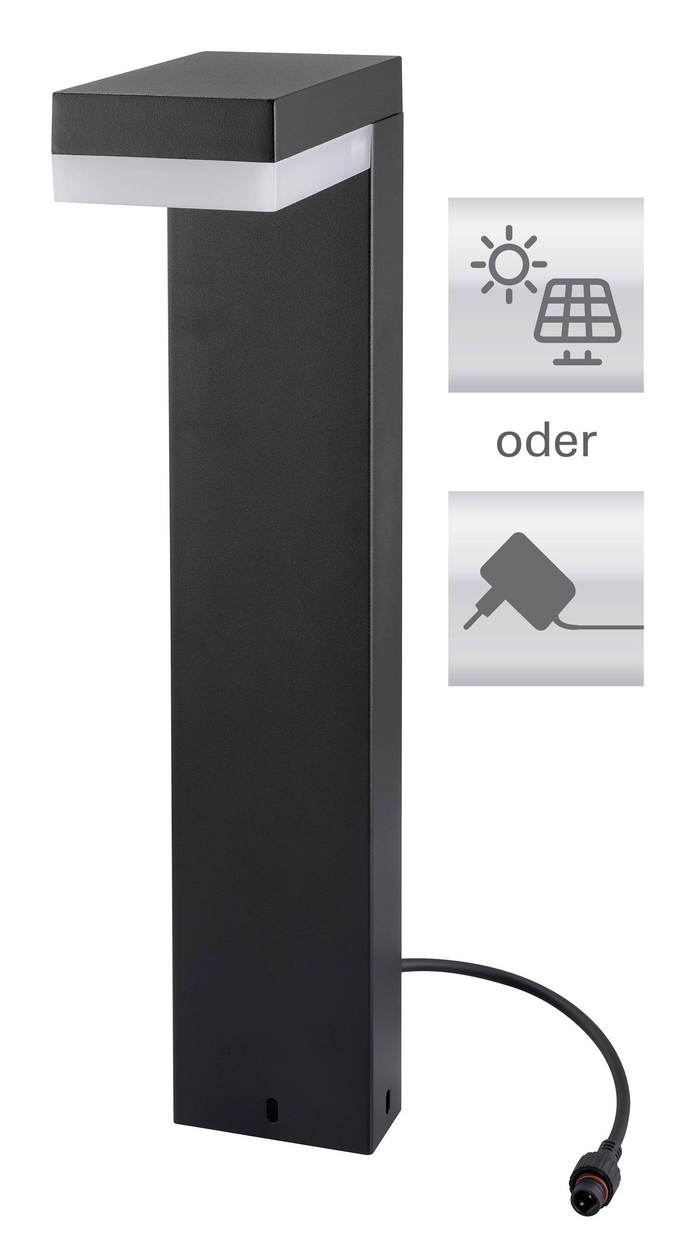 Eine schwarze, rechteckige Außenleuchte mit Solarpanel und Stecker-Symbol, die zwei Stromversorgungsoptionen andeutet; gekennzeichnet mit dem Wort 'oder'.