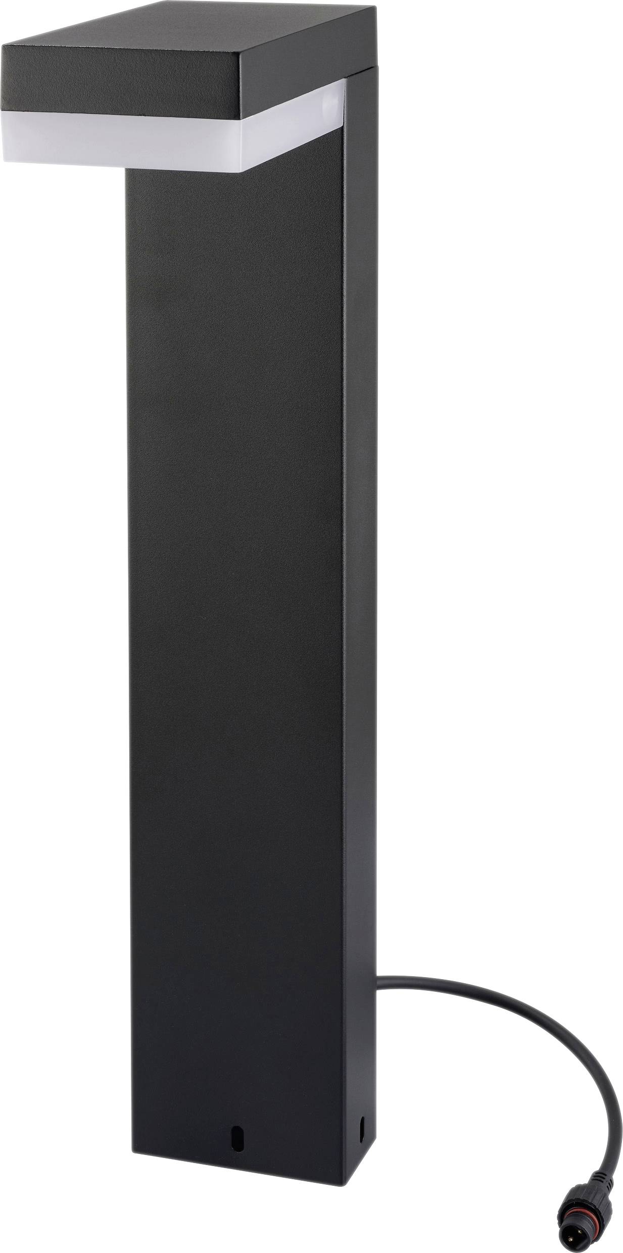 Eine schlanke, schwarze Außen-Pollerleuchte mit quadratischem Oberteil und weißem LED-Bereich, ausgestattet mit einem Netzkabel, das aus der Basis herausgeführt wird.