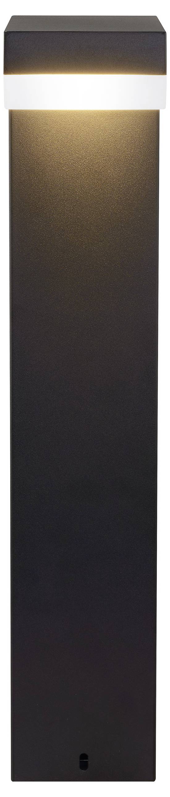 Eine schwarze Außen-Wegelampe mit rechteckiger Form und einer warmen, leuchtenden Oberfläche, geeignet zur Beleuchtung von Gärten oder Wegen.