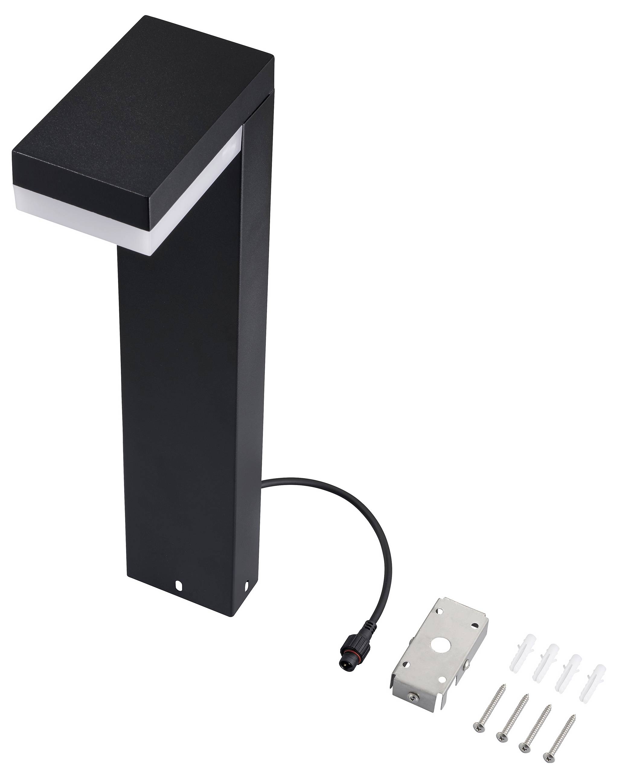 Schwarze Outdoor-LED-Wegelampe mit Befestigungsset und Schrauben, seitlich dargestellt.