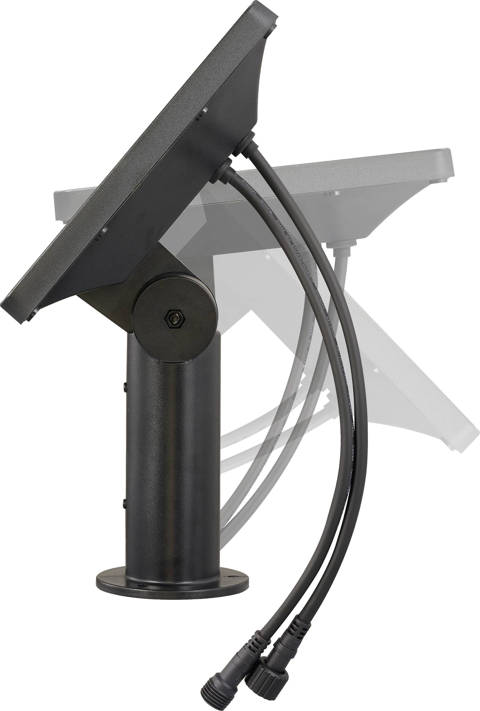 Eine schwarze, verstellbare Montageklammer mit angeschlossenen Kabeln, die in einem geneigten Winkel positioniert ist. Die Klammer wird sowohl in aufrechter als auch in geneigter Position dargestellt.