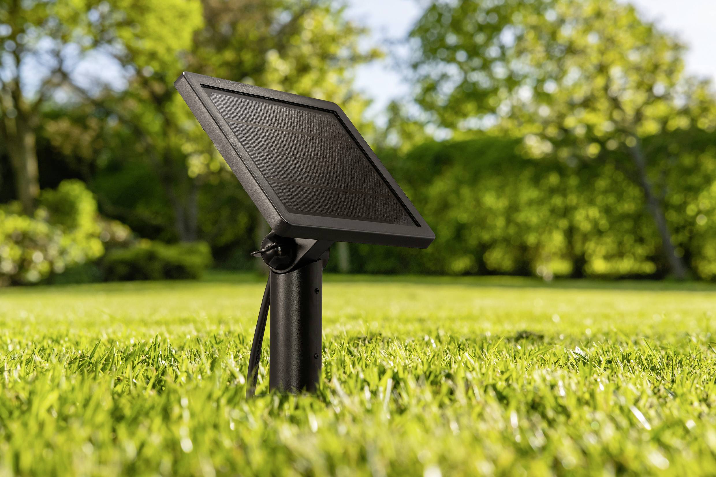 Ein Solarpanel auf einem schwarzen Ständer ist auf üppigem Gras platziert, mit verschwommenen Bäumen im Hintergrund, was eine natürliche Außenumgebung andeutet.
