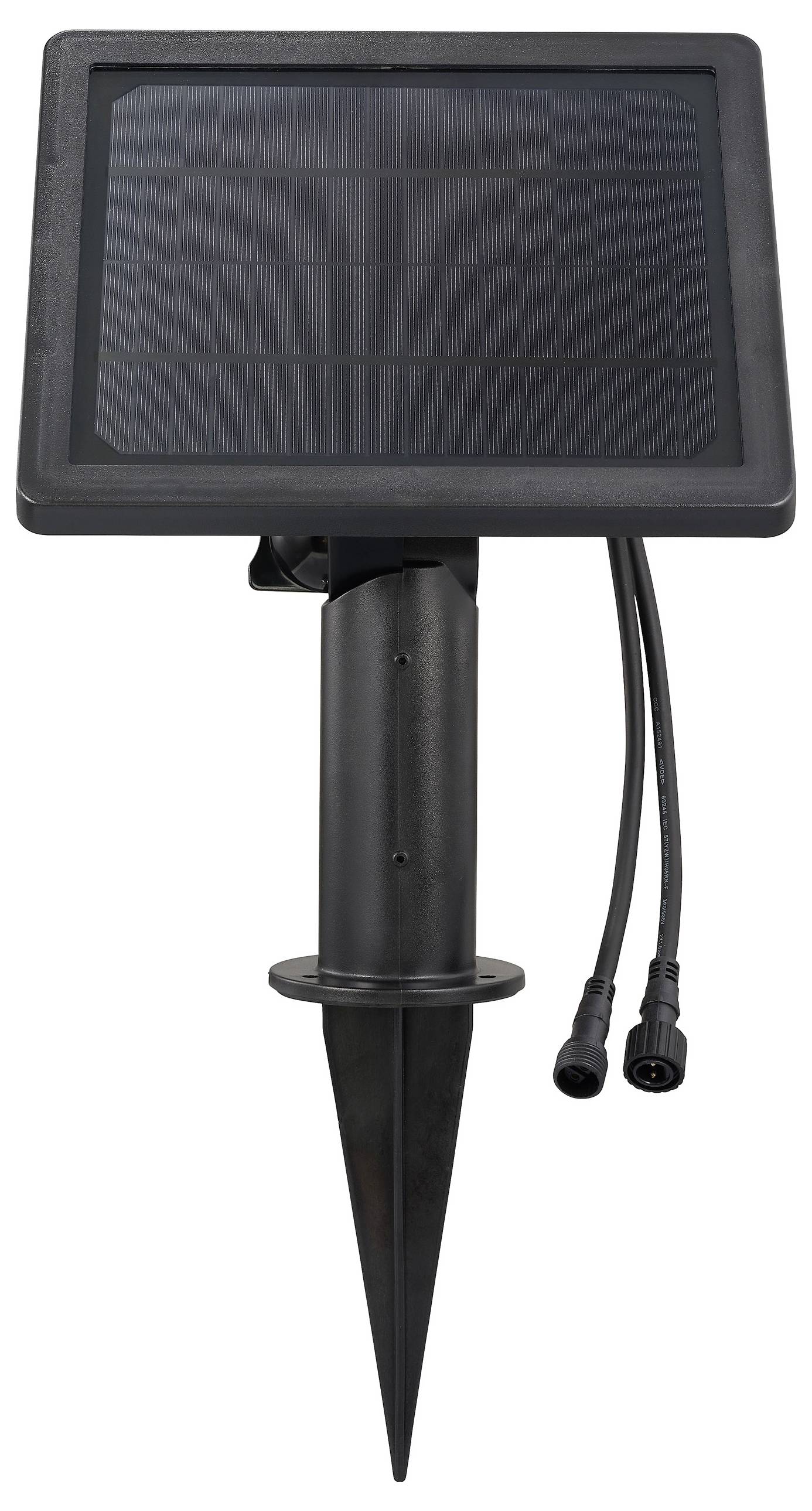 Ein schwarzes Solarpanel, das mit zwei Kabeln verbunden und auf einem für Außeninstallationen geeigneten Pfahl befestigt ist.