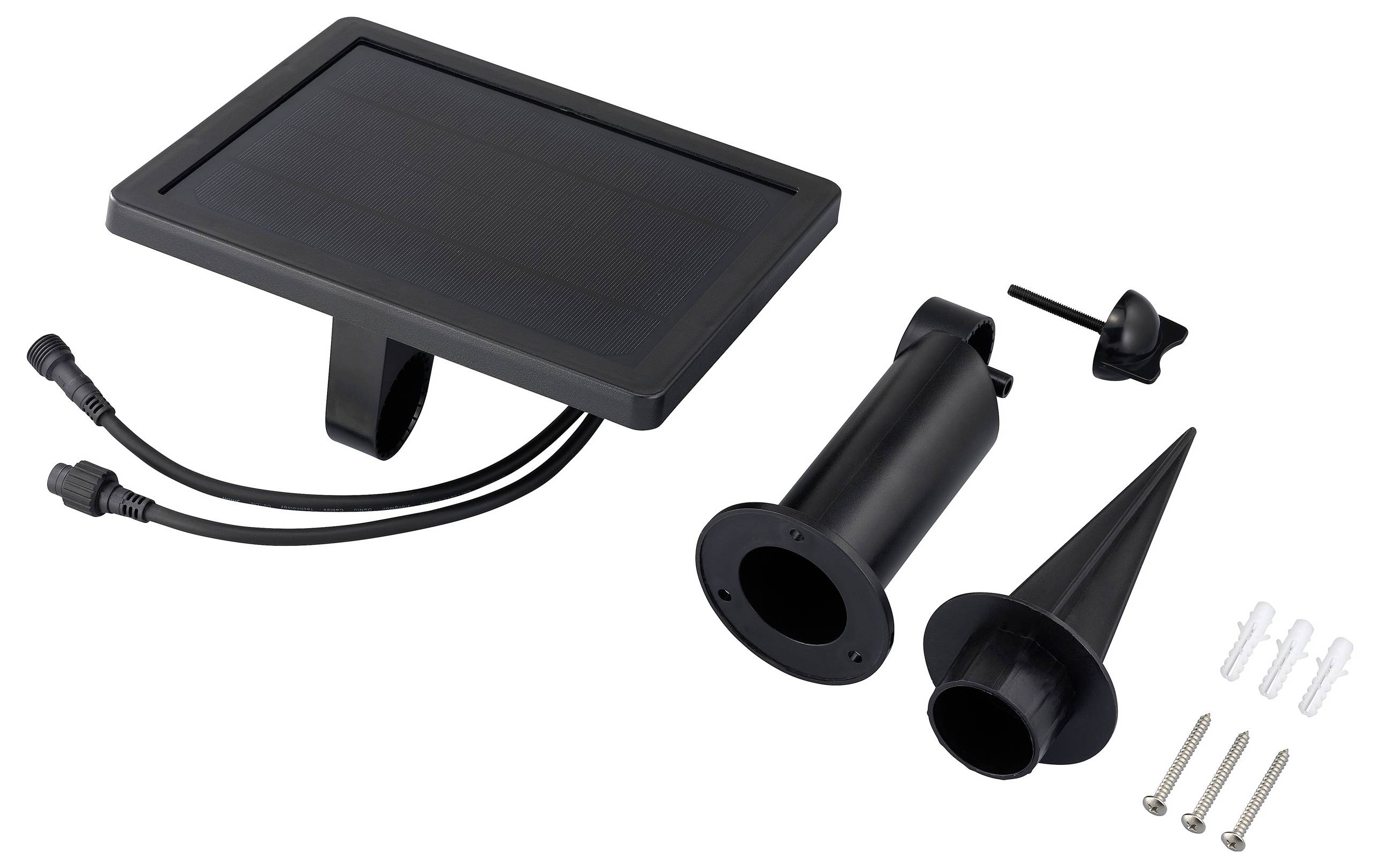 Solarmodul-Set mit Anschlüssen, Befestigungsklammern, Pflock und Schrauben, auf weißem Hintergrund angeordnet.