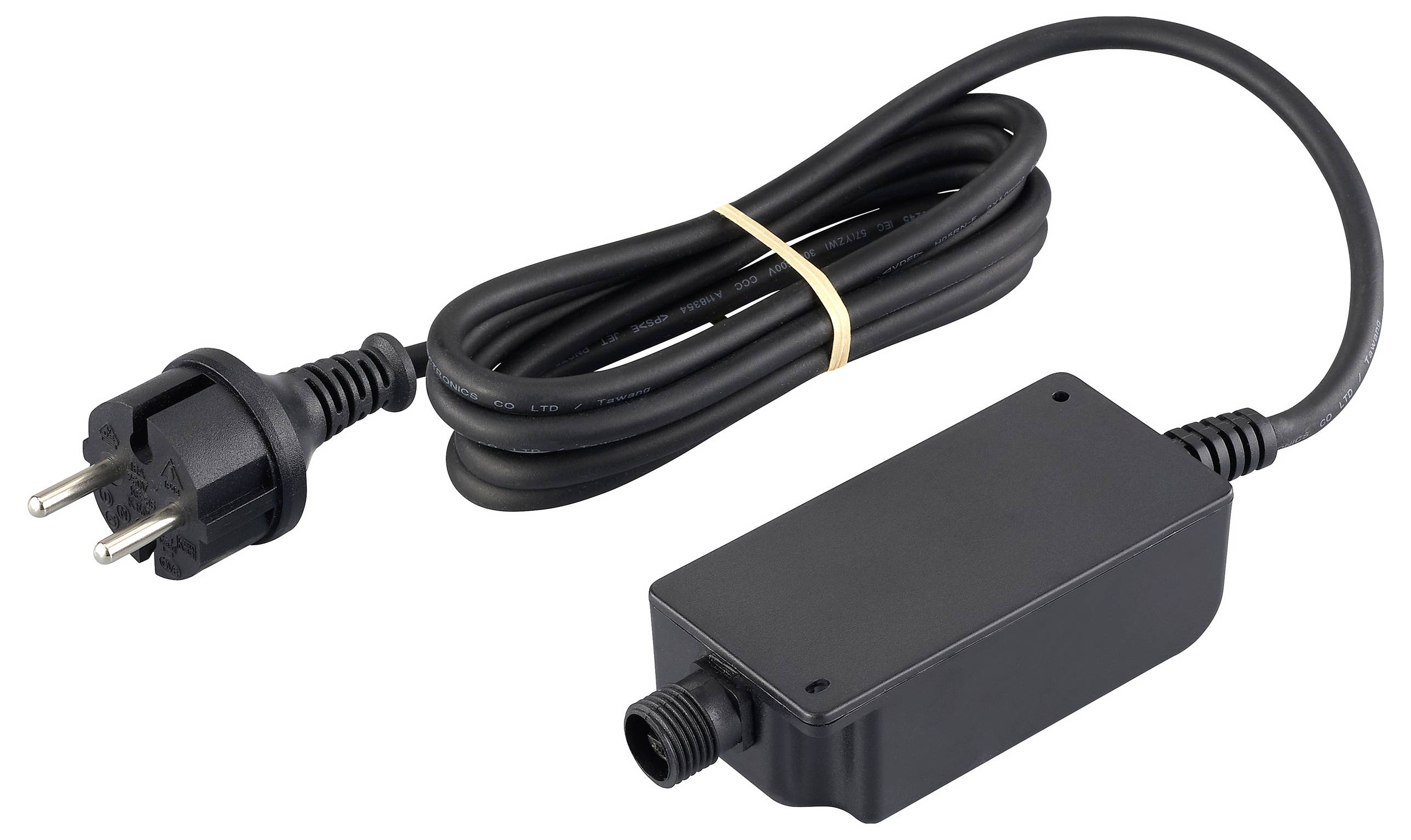 Ein schwarzes Netzteil mit europäischem Stecker und einer gewickelten Kabel, das für elektronische Geräte konzipiert ist, vor einem einfarbigen Hintergrund.