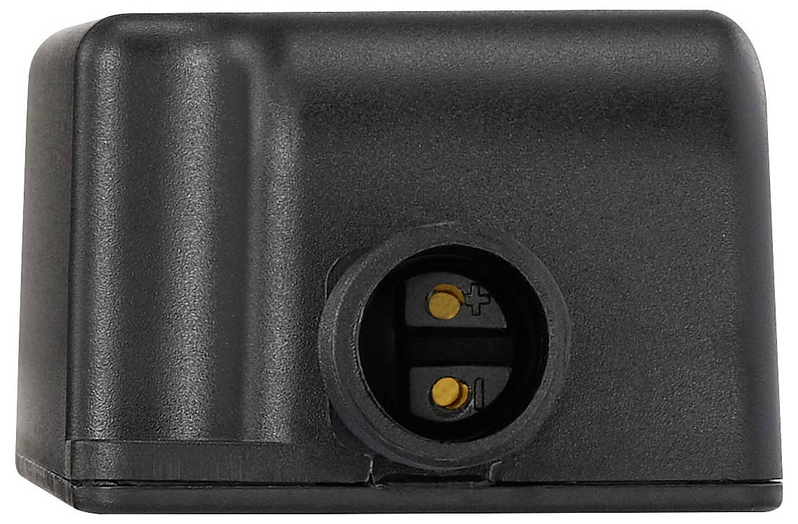 Ein schwarzer rechteckiger elektrischer Stecker mit zwei sichtbaren inneren Metallstiften in einer zylindrischen Öffnung, der für die Verwendung mit einem bestimmten Gerät konzipiert ist.