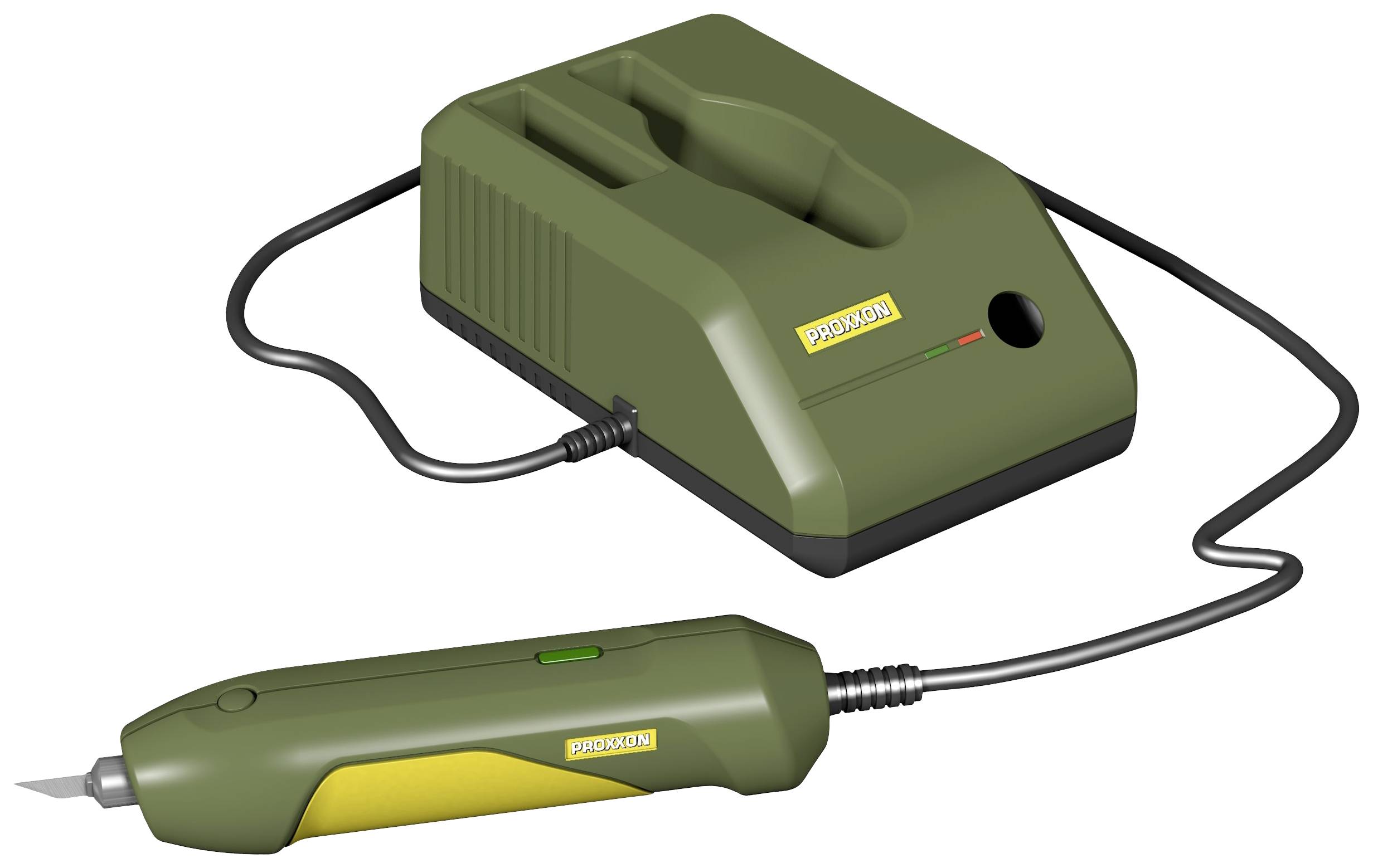 Abgebildet ist ein grüner elektrischer Bastelhobel mit Kabel und Ladegerät, geeignet für präzises Schneiden und Formen von Materialien.