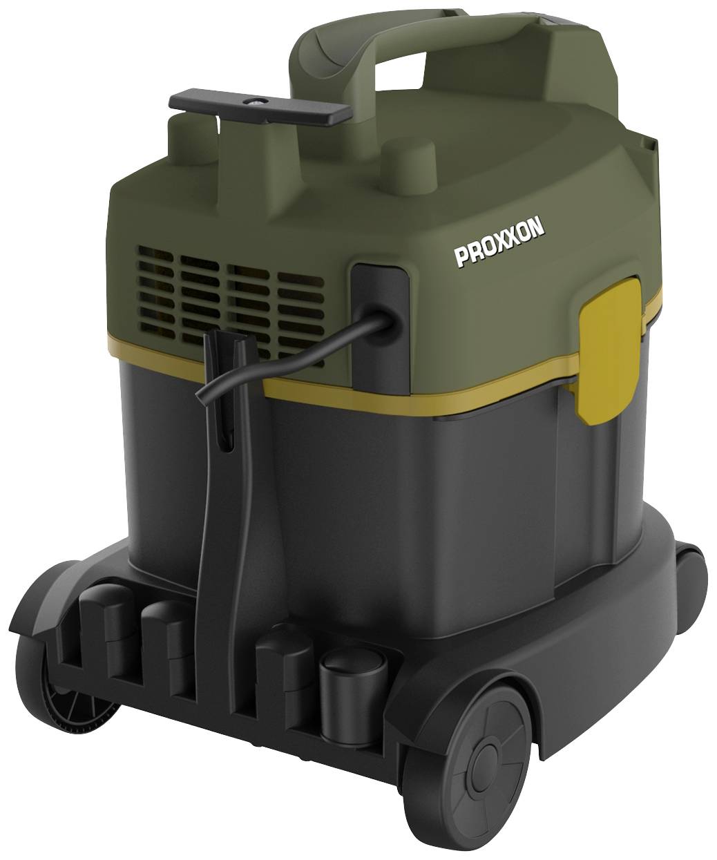 Ein kompakter, tragbarer Industriestaubsauger in schwarzer und grüner Farbe mit zwei Rollen für einfache Mobilität, markiert mit 'PROXXON'.