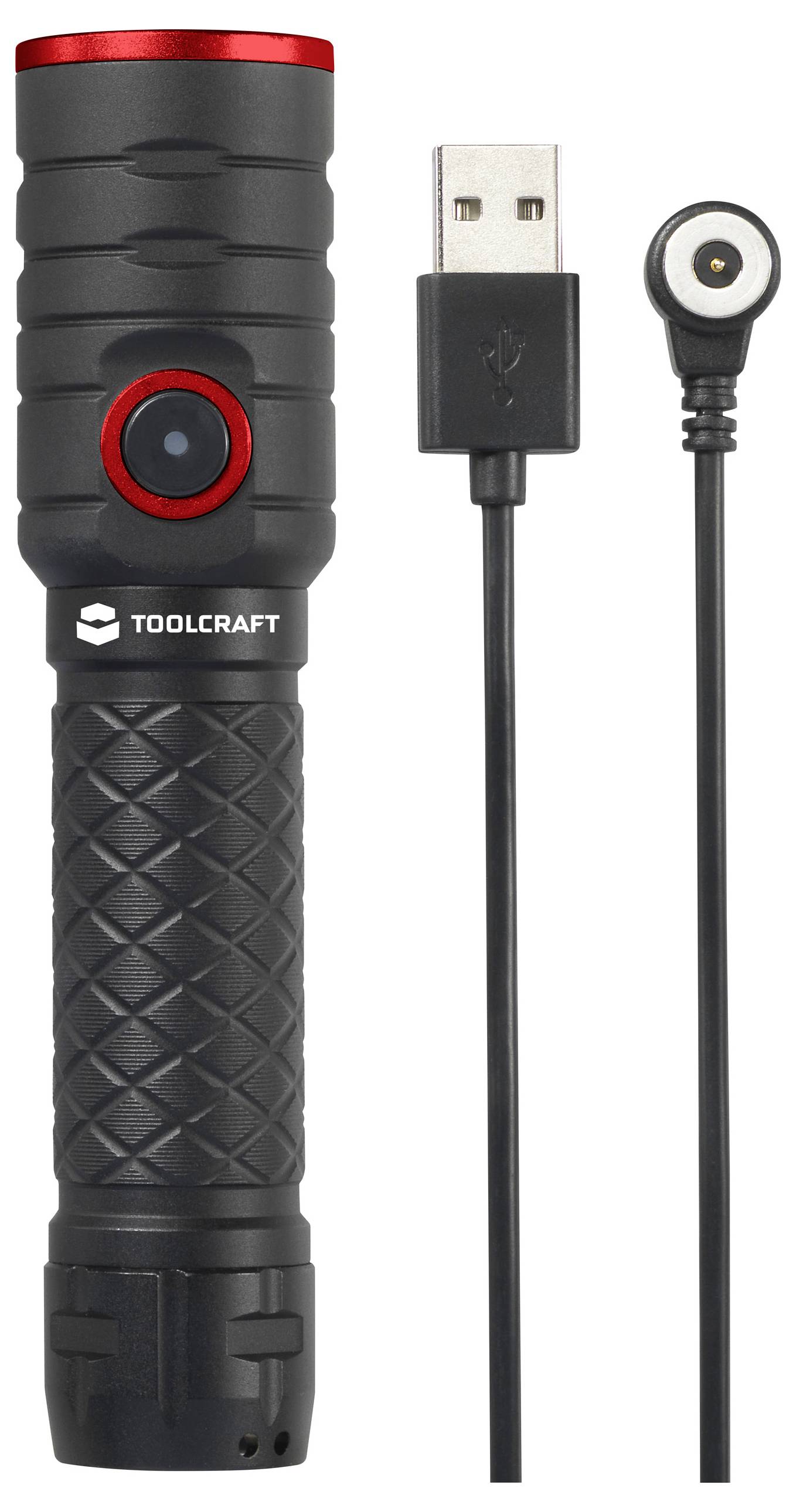 Schwarze Taschenlampe mit rotem Knopf und USB-Kabelanschluss.