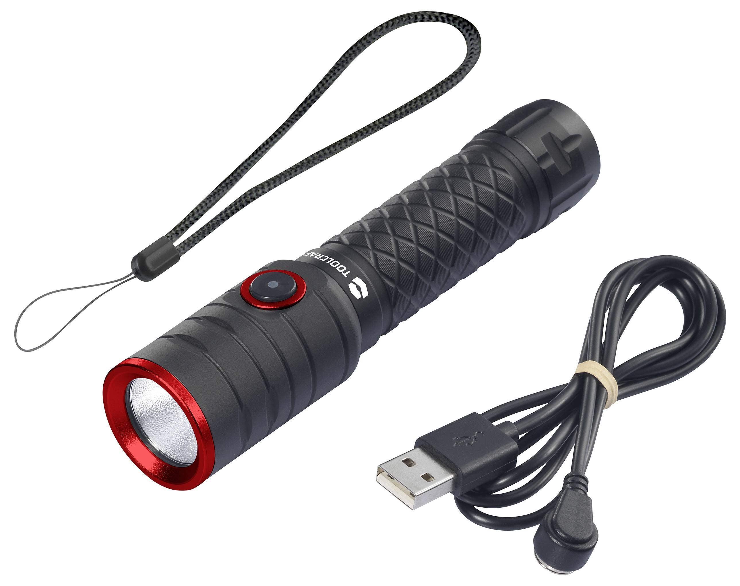 Eine schwarze Taschenlampe mit rotem Rand und einem USB-Kabel daneben, ideal für Camping oder Notfälle.