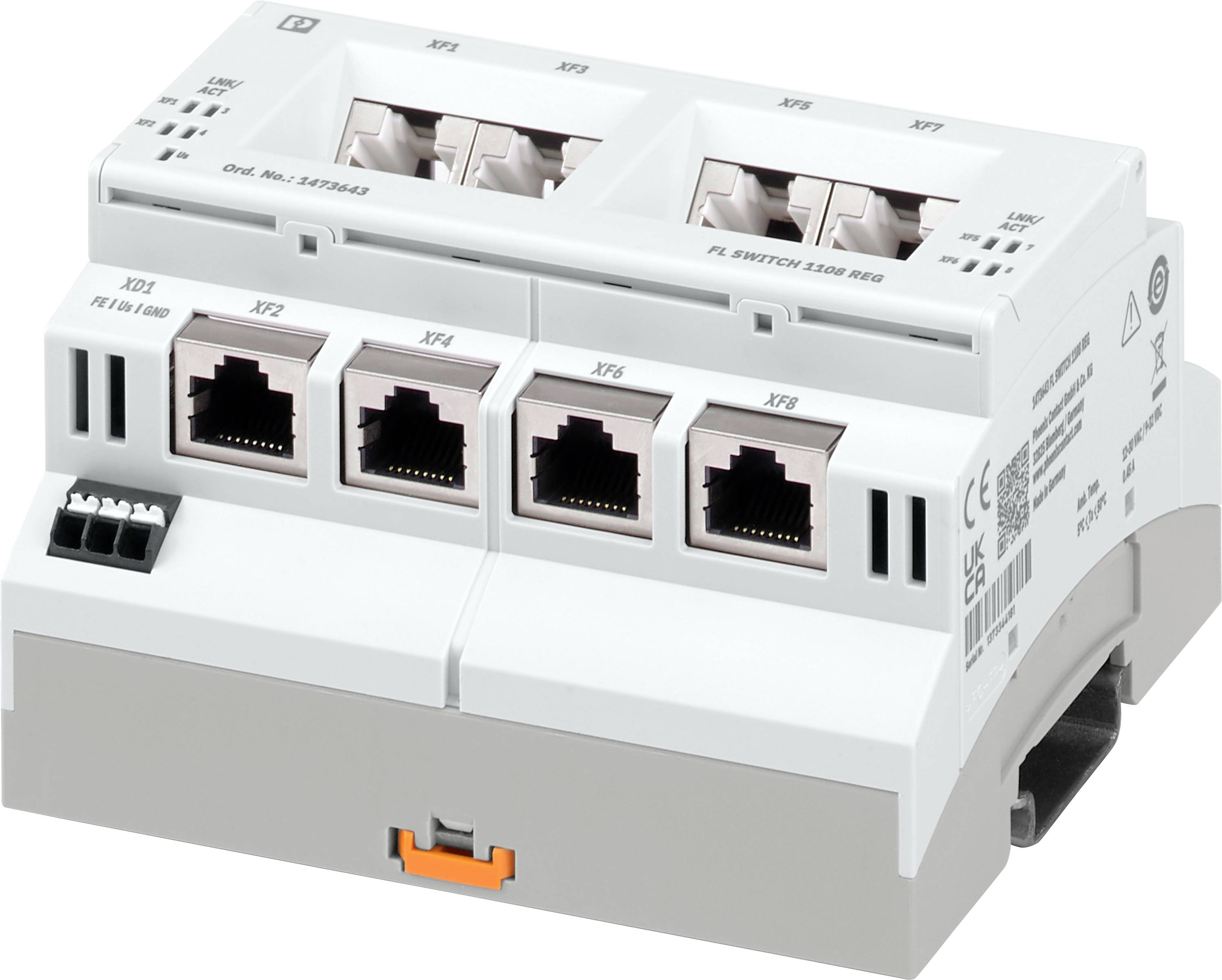 Ein Ethernet-Switch mit acht Ports, geeignet für industrielle Netzwerkanwendungen, montiert auf einer Hutschiene.