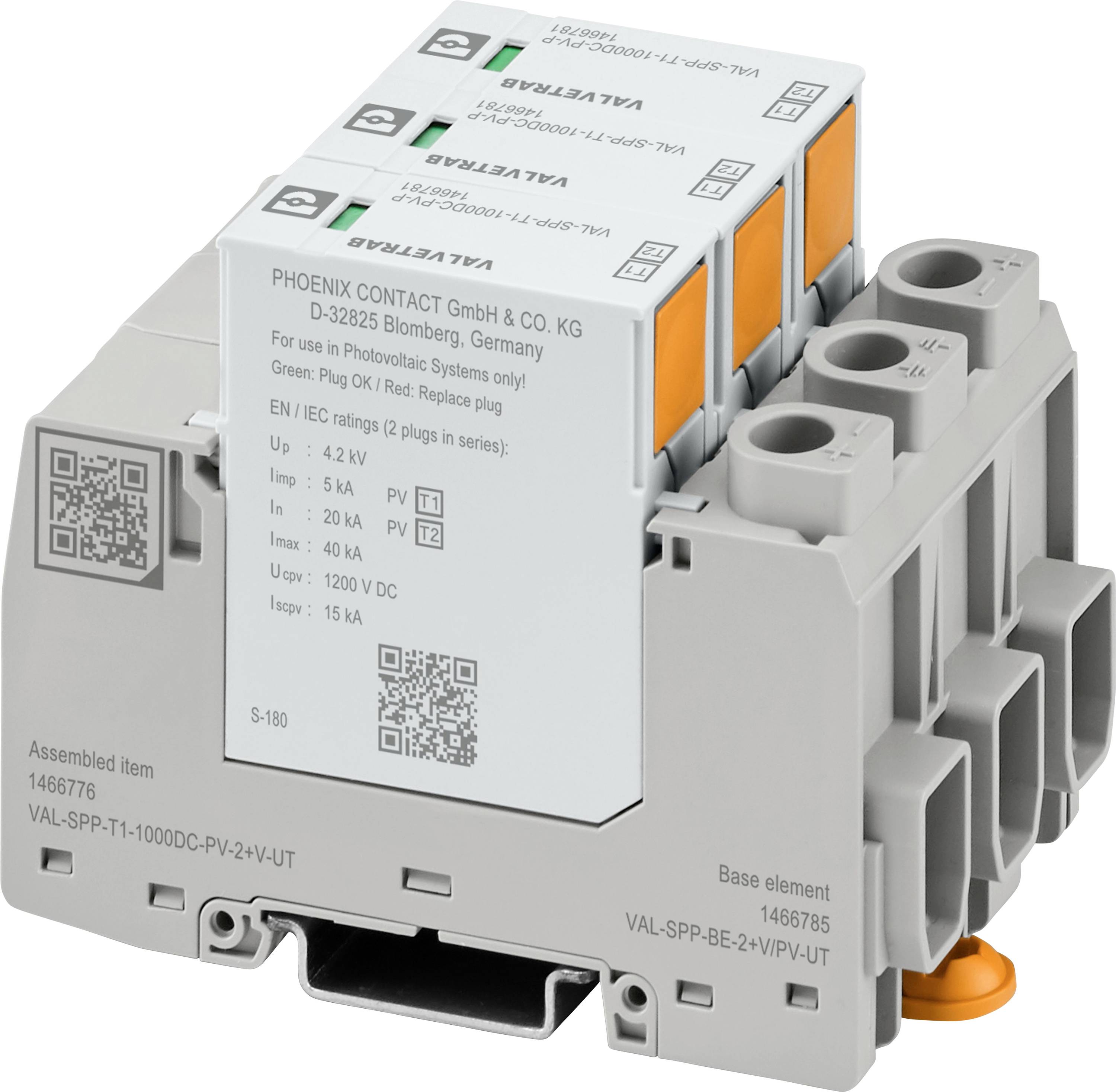 Grau-orangefarbene elektrische Schutzvorrichtung mit Anschlussklemmen, produziert von Phoenix Contact, Modell VAL-SPC mit Seriennummern.