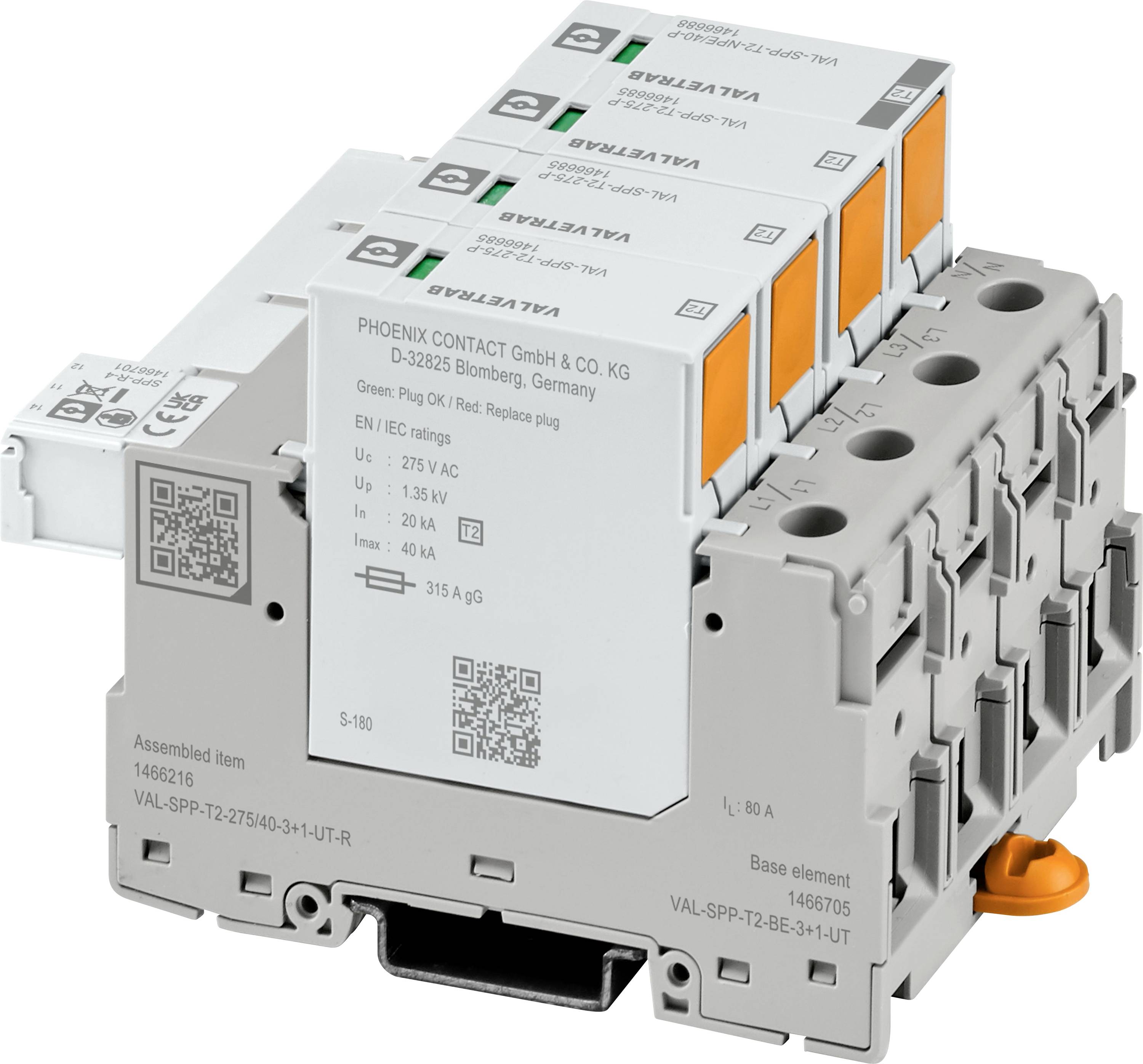 Ein Überspannungsschutzgerät für elektrische Systeme, mit mehreren Steckplätzen und QR-Codes für technische Informationen.