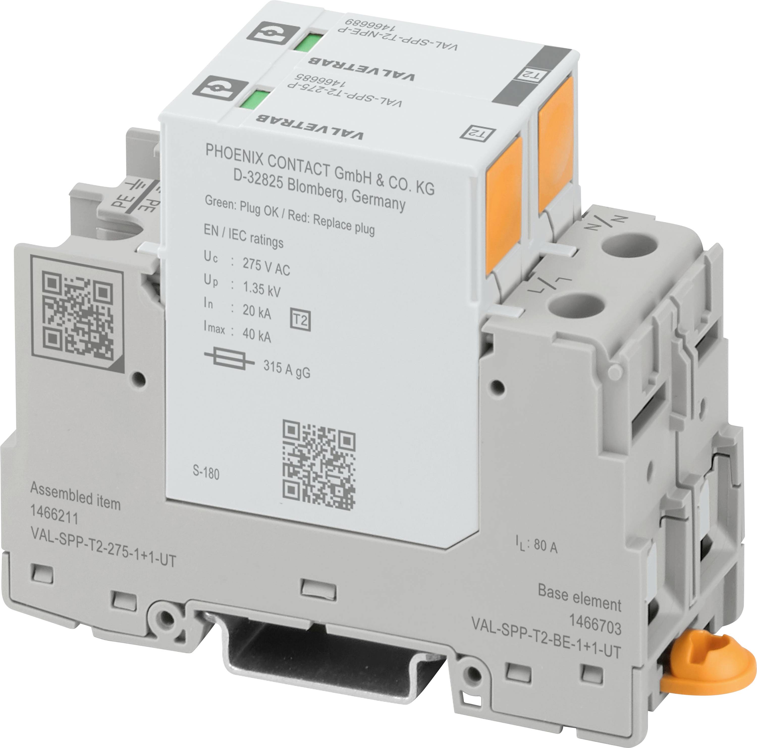 Elektronisches Bauelement von PHOENIX CONTACT zur Installation in elektrischen Systemen, mit QR-Codes und technischen Spezifikationen.