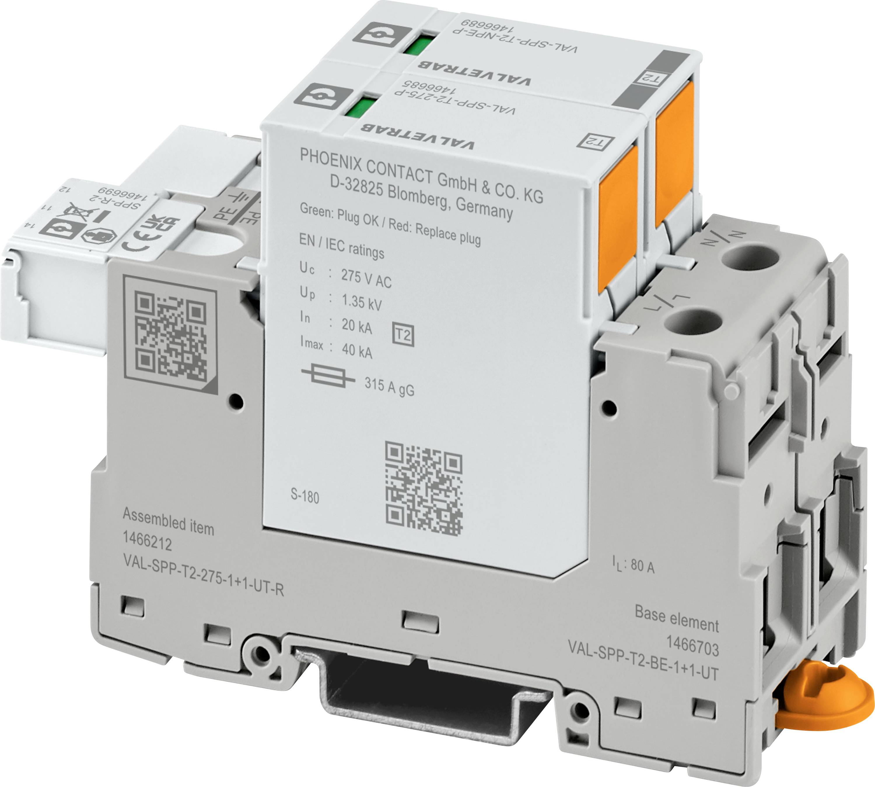 Ein Überspannungsschutzgerät von Phoenix Contact mit QR-Codes und technischen Spezifikationen auf der Vorderseite.