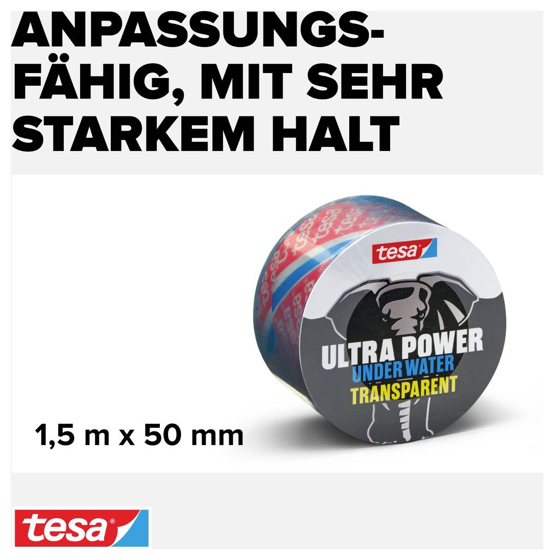 Anpassungsfähiges, stark haftendes Tesa-Klebeband, 1,5 m x 50 mm, geeignet für Unterwasseranwendungen, transparent.