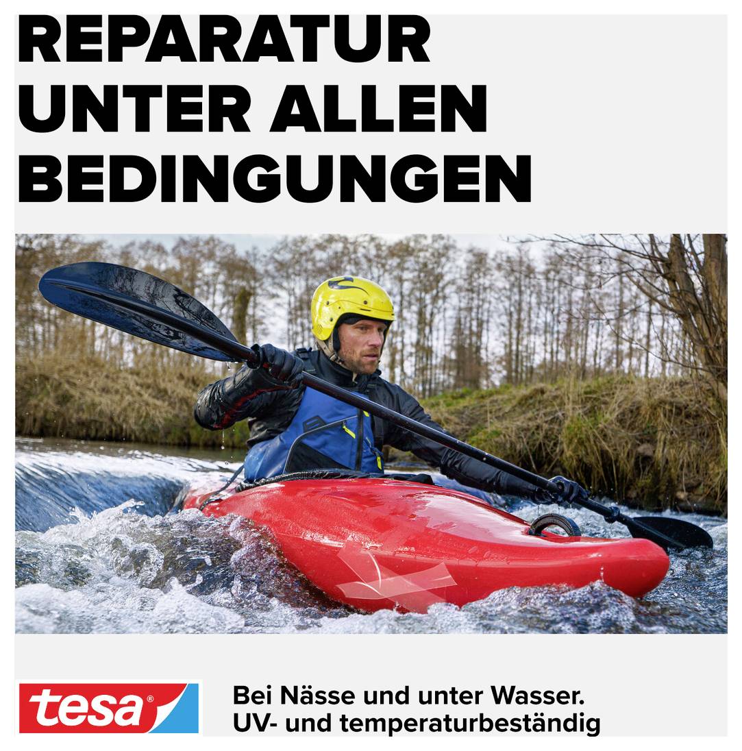 Ein Mann paddelt in einem Kajak auf einem Fluss. Text oben: 'Reparatur unter allen Bedingungen'. Unten: 'Bei Nässe und unter Wasser. UV- und temperaturbeständig'.