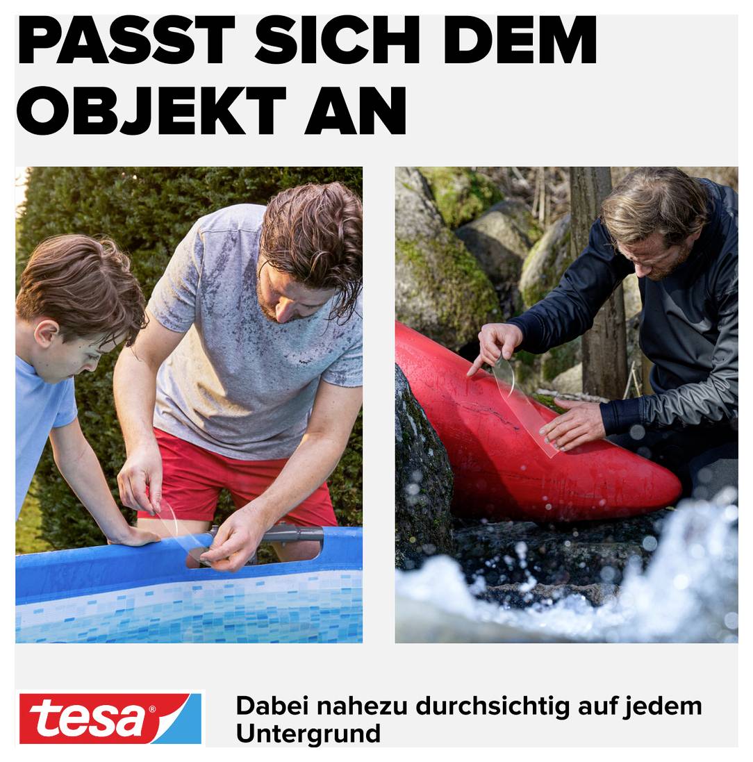 Zwei Männer bei der Anwendung von Klebeband, links am Pool, rechts an einem Boot. Text: 'Passt sich dem Objekt an'.