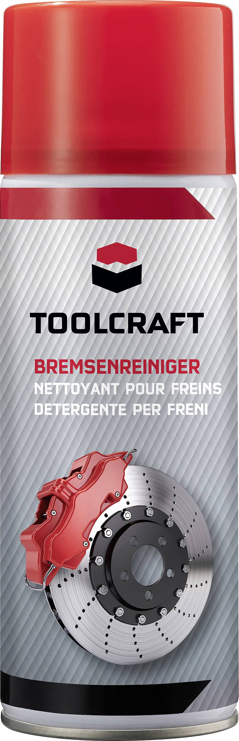 Rote Sprühdose für Bremsenreiniger mit Bild von Bremsscheibe und Bremssattel. Marke 'Toolcraft'. Text in Deutsch, Französisch und Italienisch.