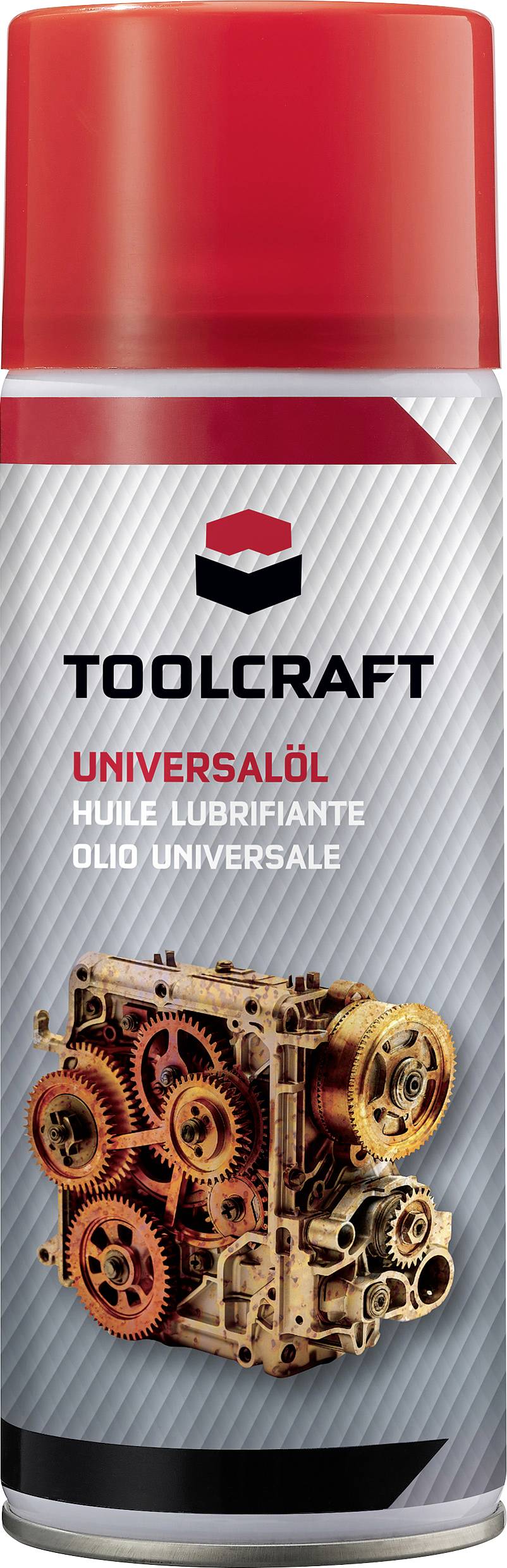 Sprühdose mit rotem Deckel; Aufschrift: 'TOOLCRAFT Universalöl'. Abbildung eines Zahnradsystems.