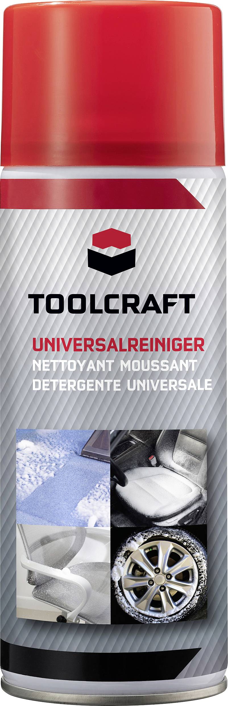 Sprühdose mit rotem Deckel, Etikett zeigt 'TOOLCRAFT UNIVERSALREINIGER'. Bilder: Teppich, Sitz, Felge als Einsatzorte dargestellt.