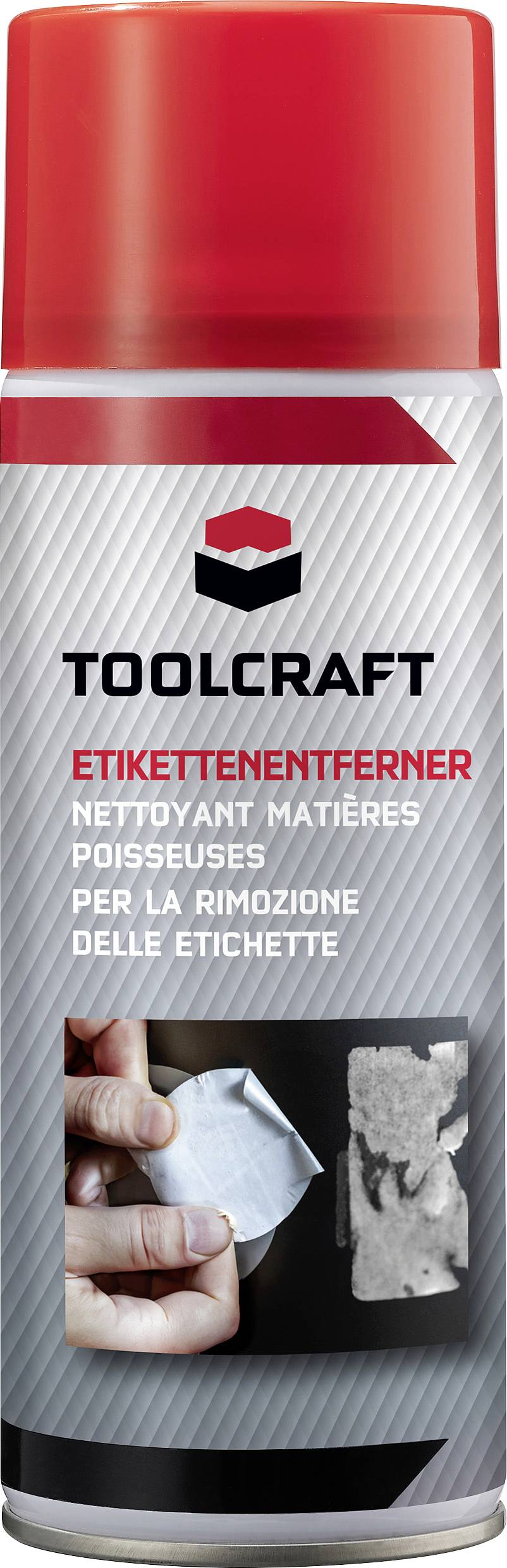 'Toolcraft Etikettenentferner' Spraydose. Die Etikettenentferner-Flasche zeigt Hände, die ein Etikett von einer Oberfläche abziehen.