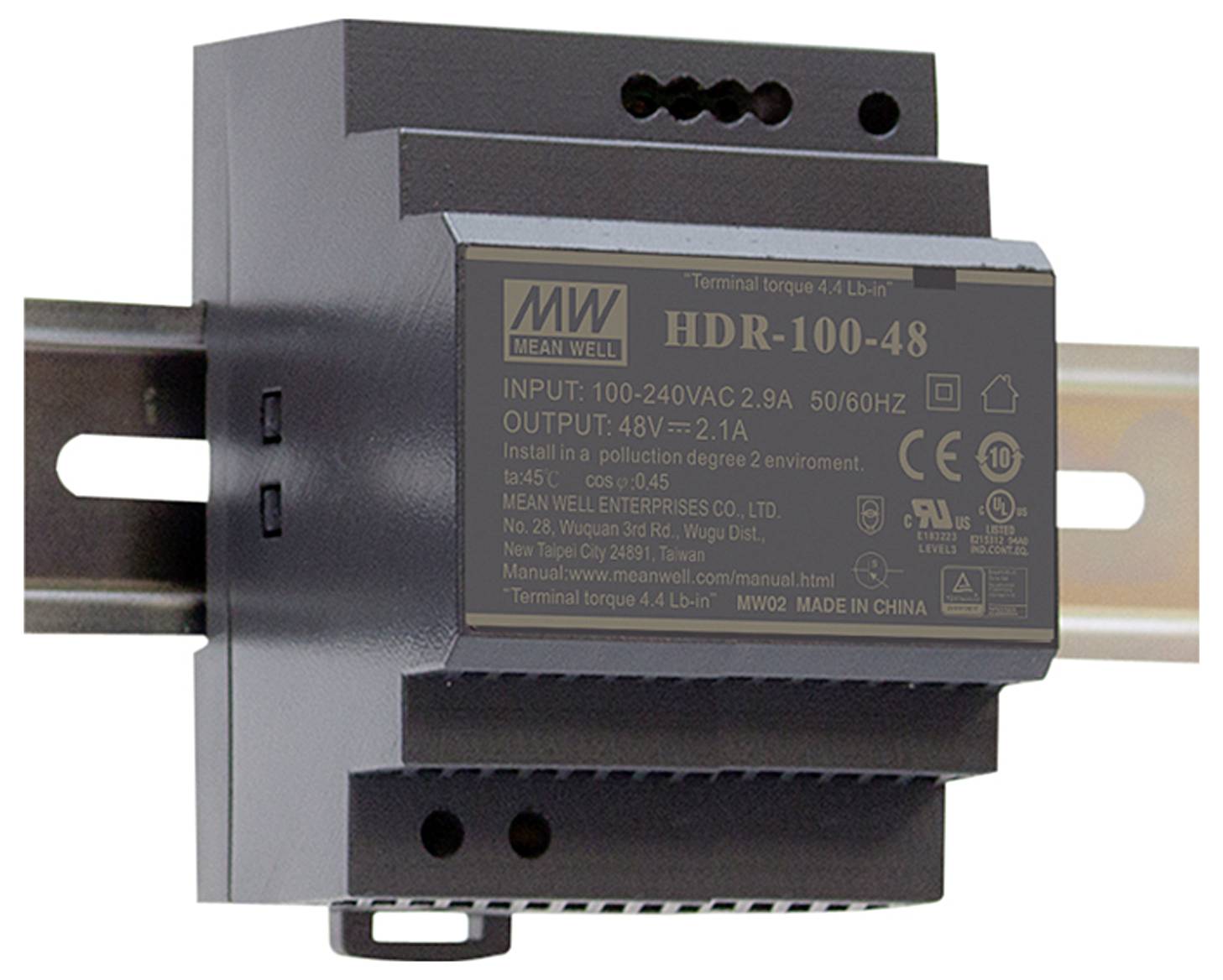 Ein schwarzes Mean Well Netzteil, Modell HDR-100-48, mit Eingangs- und Ausgangsspezifikationen auf der Vorderseite.