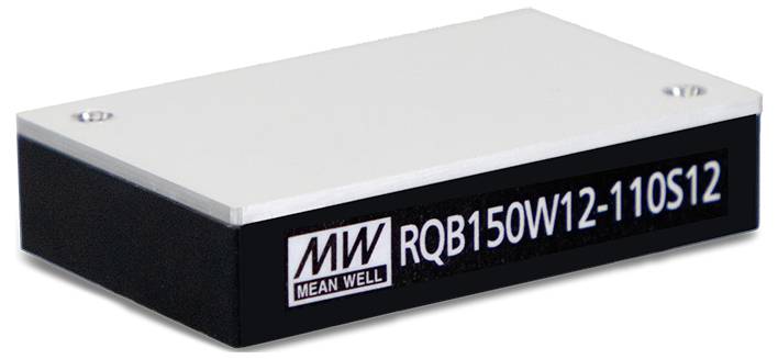 Leistungsmodul von MEAN WELL mit der Aufschrift 'RQB150W12-110S12', rechteckig, mit silberner Oberseite und schwarzem Gehäuse.