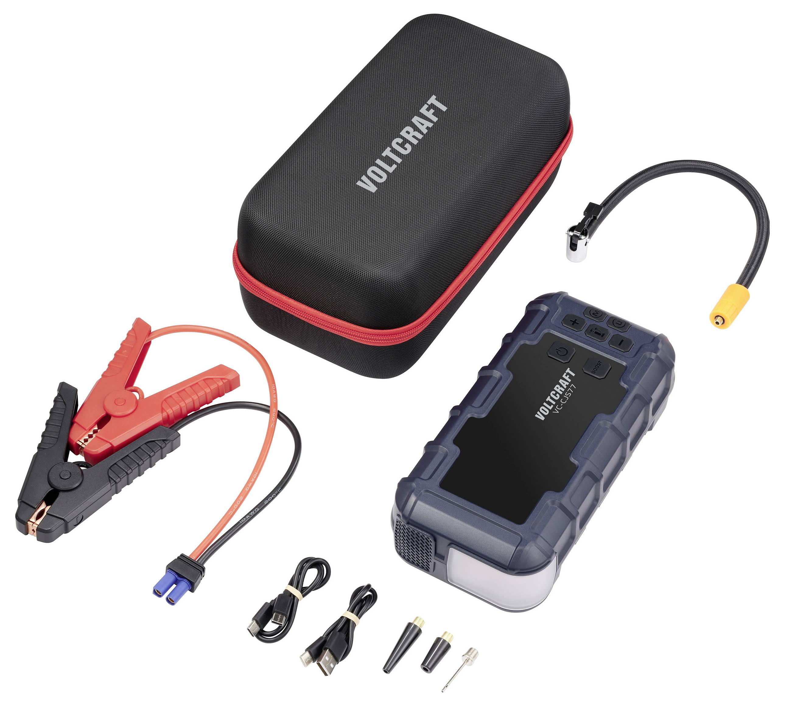 Tragbare Starthilfe und Powerbank von Voltcraft, inklusive Klemmen, Kabel, Adapter und Aufbewahrungstasche. Ideal für Fahrzeuge.