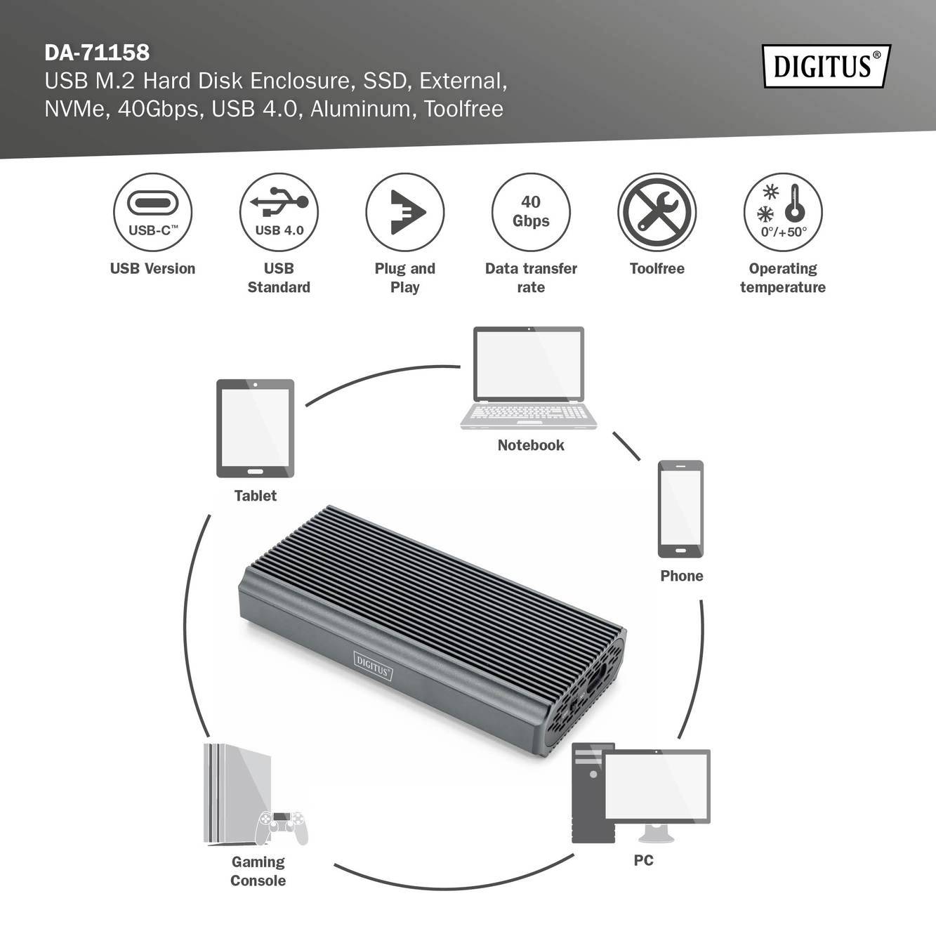 Digitus DA-71158 M.2 SSD-Gehäuse USB-C® (USB4®) 40 GBit/s M.2 PCIe NVMe 2230, 2242, 2260, 2280 DA-71158
