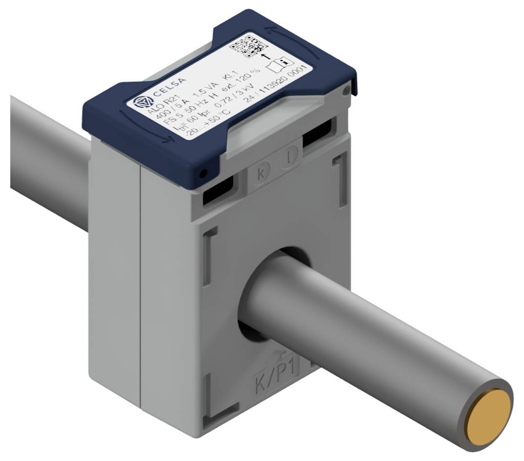 Ein Stromsensor installiert an einem Rohr, markiert mit 'CELSA' und spezifischen technischen Details auf der Oberseite.