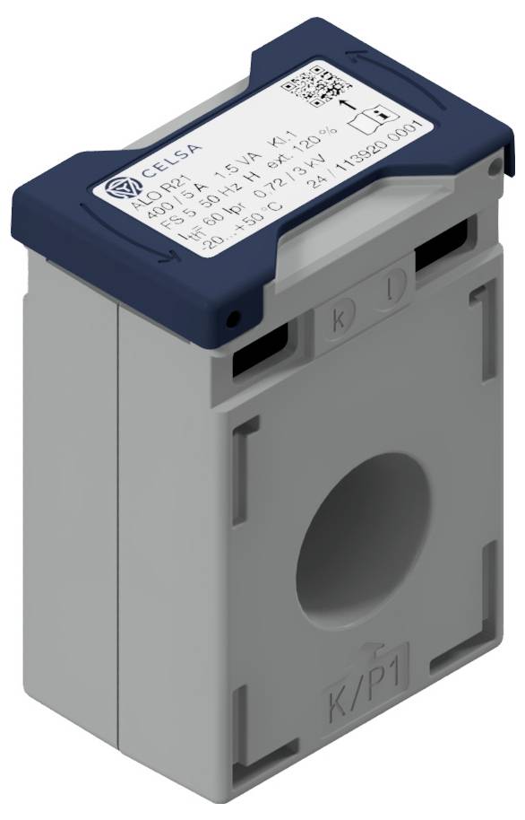 Ein rechteckiger elektrischer Sensor mit blauem und grauem Gehäuse. Oberseite zeigt elektronische Spezifikationen und Herstellerlogo.