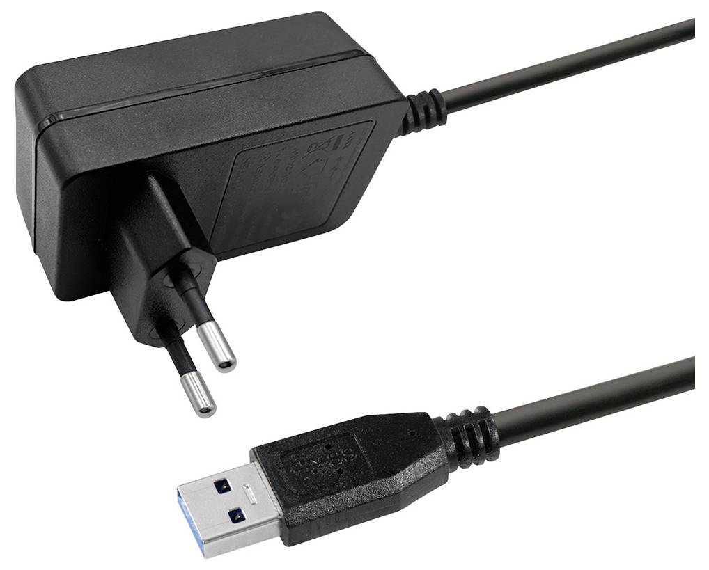 Schwarzes Netzteil mit EU-Stecker und USB-Anschlusskabel.