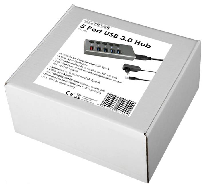 '5 Port USB 3.0 Hub' Verpackung mit Bild des Produkts und Spezifikationen. Der Hub bietet mehrere USB-Anschlüsse für den Anschluss von Geräten.