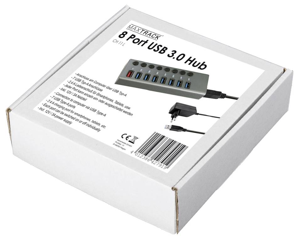 Maxtrack CH11L 8 Port USB 3.0-Hub einzeln schaltbar Silber-Grau