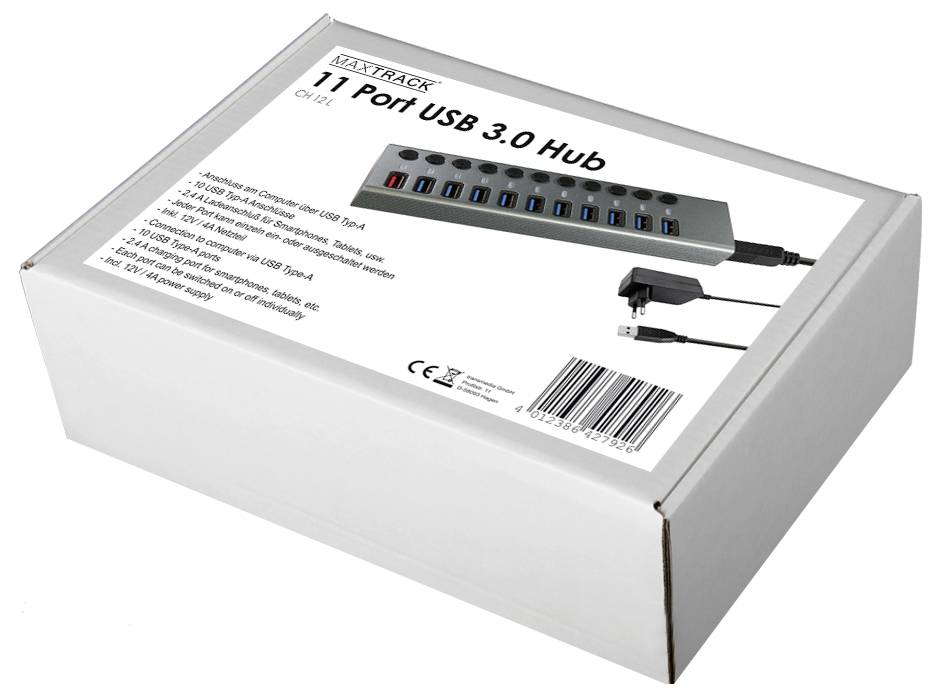 Ein USB-Hub mit 11 Anschlüssen, kompatibel mit USB 3.0, verpackt in einer weißen Schachtel. Поддержка высокоскоростного USB-подключения.