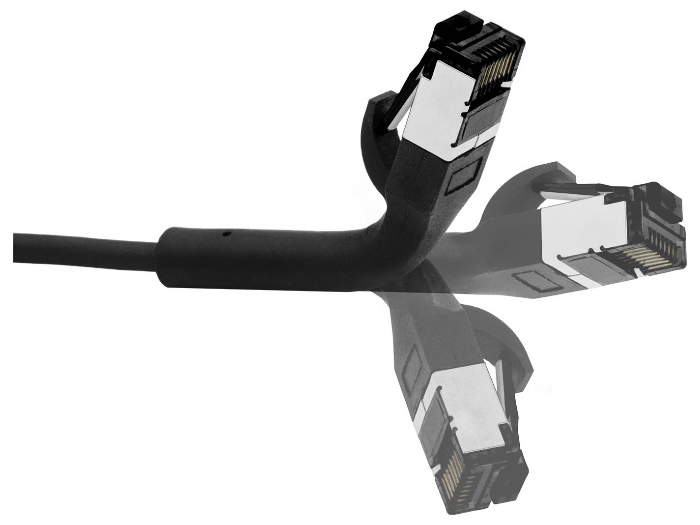 Mehrere schwarze Ethernet-Kabel mit RJ-45-Steckern, die sich von einem Kabel abzweigen und in verschiedene Richtungen zeigen.