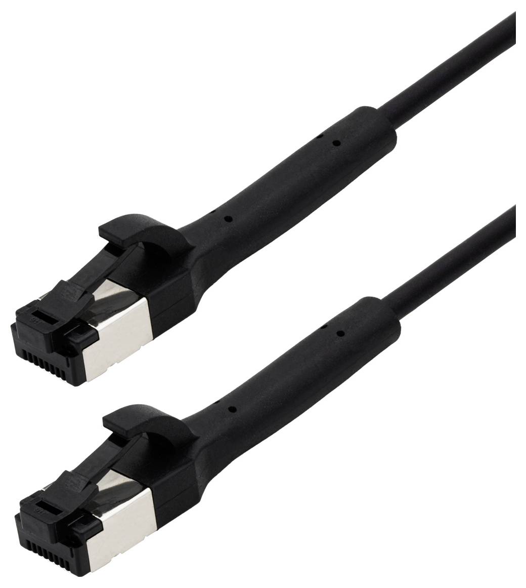 Zwei schwarze Ethernet-Kabel mit Steckern zeigen nach oben, auf weißem Hintergrund. Geeignet für Netzwerkverbindungen.