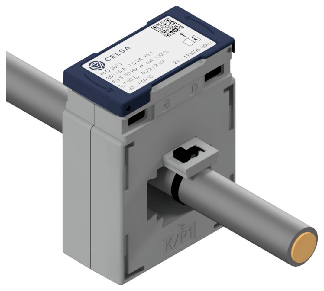 Ein rechteckiges elektronisches Gerät mit einer blauen Oberseite und einer grauen Basis ist an einem grauen Rohr befestigt.