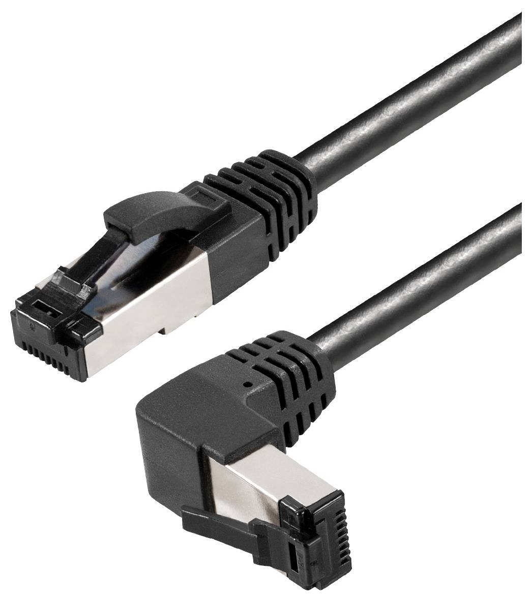 Schwarzes Netzwerk-Ethernet-Kabel mit zwei RJ45-Steckern, oft verwendet für Internet- oder Computernetzwerkverbindungen.