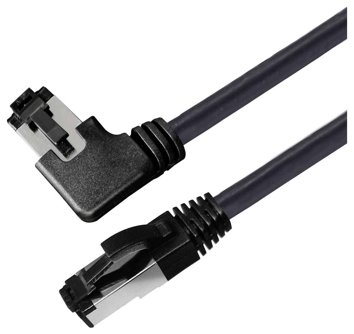 Ein schwarzes SATA-Datenkabel mit einem geraden Stecker unten und einem angewinkelten Stecker oben, häufig genutzt in Computern.